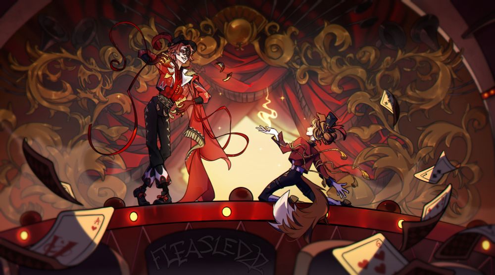 a commission digital illustration for wesley! the two characters are card tricks performers on a grand stage; one is ace from twisted wonderland, who also is a magician; and bailey,  original character in this setting, is his lovely assistant. 