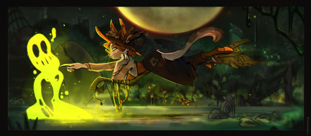 digital illustration: it's night; neon green slime comes out of the swamp,
the witch cat bends down on her broom to touch it. she's intrigued.