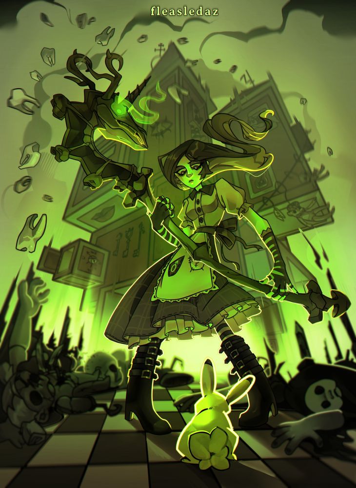 a digital fan art illustration of ''alice: madness returns'' game. alice stands with the skeletal version of the hobby horse weapon and she looks on the white bunny. she was about to fight him, but realized that it is just a small bunny! there are a lot of defeated enemies around them, and a dollhouse stands behind them.