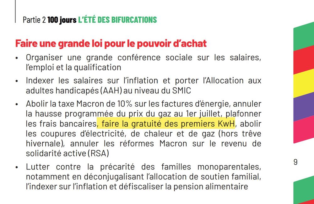 Détail de la page n°9 du programme d'engagements communs du Nouveau Front Populaire qui précise, etre autres, "Abolir la taxe Macron de 10% sur les factures d’énergie, annuler 
la hausse programmée du prix du gaz au 1er juillet, plafonner 
les frais bancaires, faire la gratuité des premiers KwH, abolir 
les coupures d’électricité, de chaleur et de gaz (hors trêve 
hivernale)".
Programme signé par La France Insoumise, Les socialistes, Place Publique, Les Ecologistes et le Partis Communiste Français.