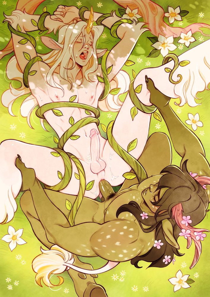 A humanoid unicorn and a forest deity are having sex while flowers bloom