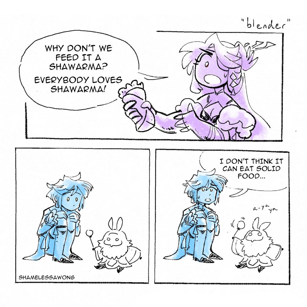 Digital comic (ibisPaint, Rebelle 7); Genshin Impact
directly based on a Sonic Boom clip
#beidou #xingqiu #kaeya

B: Why don't we feed it a shawarma? Everybody loves shawarma! 
X: I don't think it can eat solid food. 
BAM: a-ya ya //shakes scepter rattle