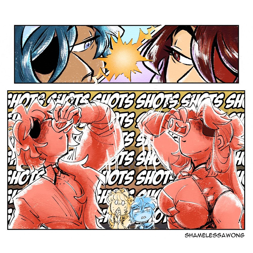 K & B: [CHALLENGE ACCEPTED]

INT. Angel's Share - Night
Both scarlet with drunken bravado, Kaeya and Beidou rapidly down alcoholic shots. An offscreen crowd and maybe an invisible Lil Jon chant "SHOTS SHOTS SHOTS SHOTS" repeatedly. Behind them, Noelle watches with worry and concern. Xingqiu looks disgusted and mortified. If you're reading this, please remember to drink responsibly.
