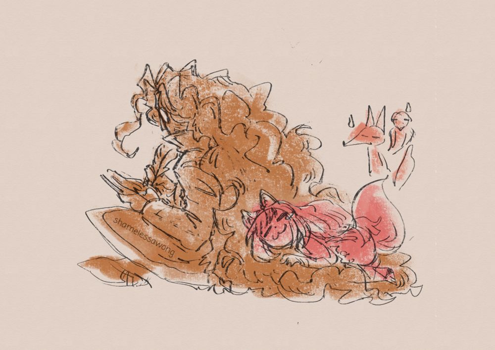 Octopath Traveler 2. Digital - Infinite Painter (inks) x CLIP (color)
#fanart #octopath #octopath2 #octopathII #octopathtraveler2 #octopathtravelerII #ozvald #ochette
dumb draws for dumb fun. headcanons are my own!

Oz is scholarly writing in his diary or whatever while Ochette nests comfortably in his massive probably extraordinarily stinky hair, god has that man washed in the past 15 years of prison jail, there's probably freezerburn in that scalp, anyway the damien mills fox and the cristina vee owl are in the back kind of concerned about that too cuz GURL-