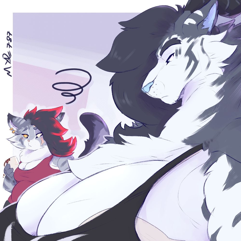 small grey cat girl in background looking at large white cat man in foreground's giant chest enviously