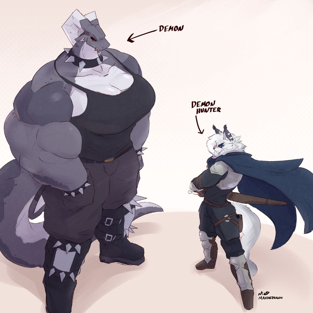 a past version of maxine who is a giant 11+ feet tall muscular dragon with a label saying "demon", staring down javier the 6'5" catboy who has a label saying "demon hunter"