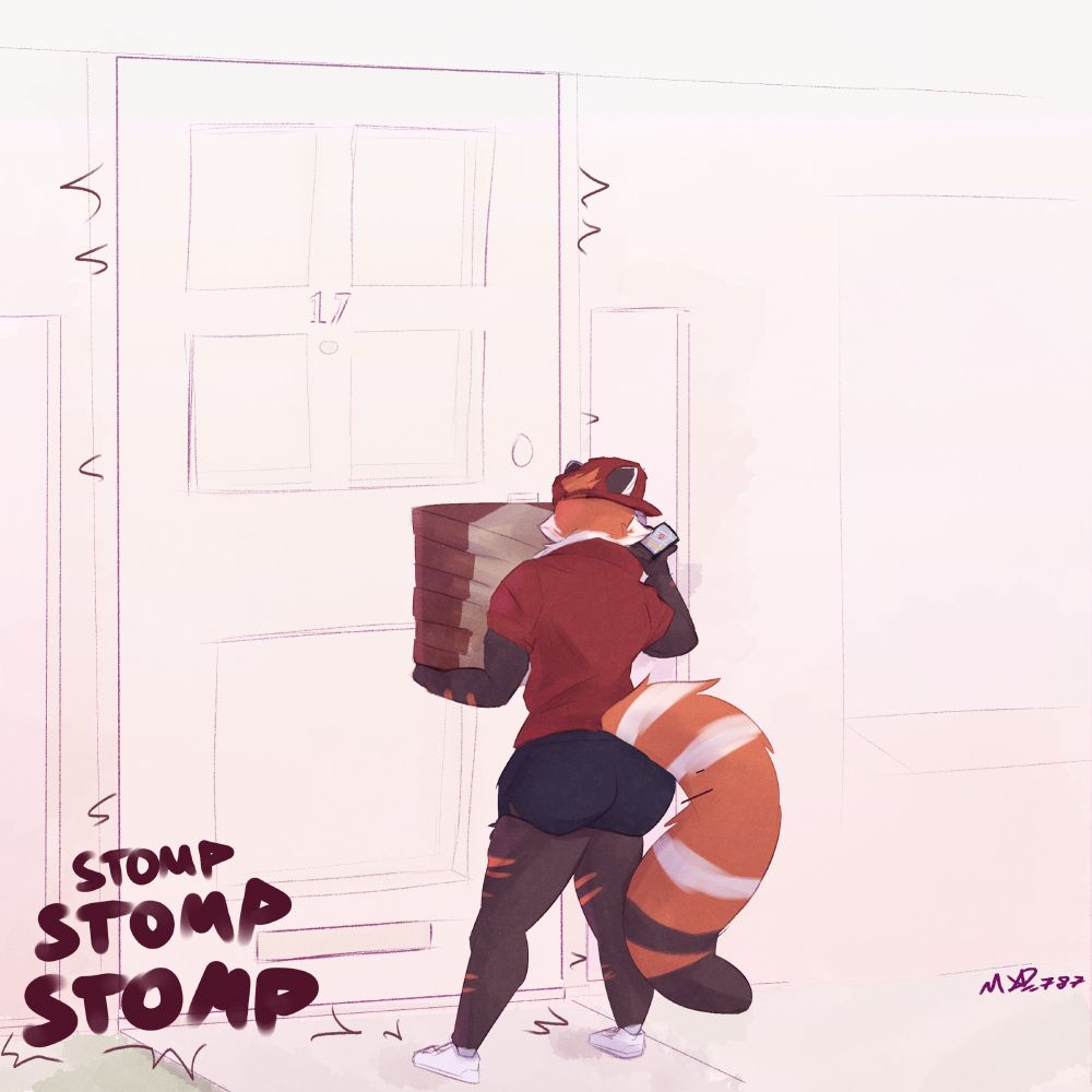 red panda pizza delivery boy standing in front of a shaking door with stomping sounds behind it