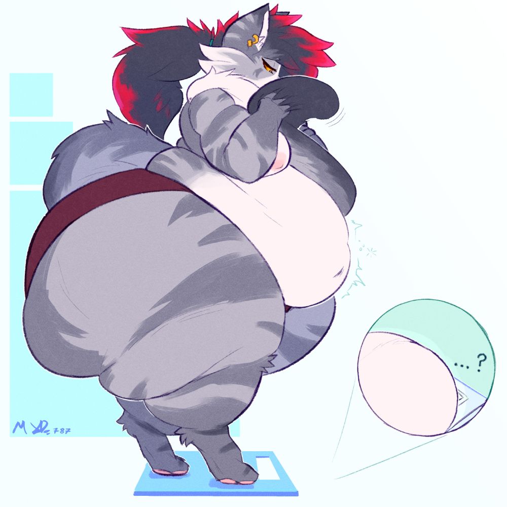 Mala the thick catgirl sheepishly tiptoeing onto a set of bathroom scales. A second view from her POV shows she's not able to read the weight over her own stomach