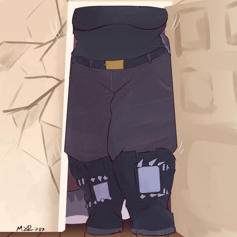 shot of maxine's thighs filling up an open cracked doorway, her chest barely in frame