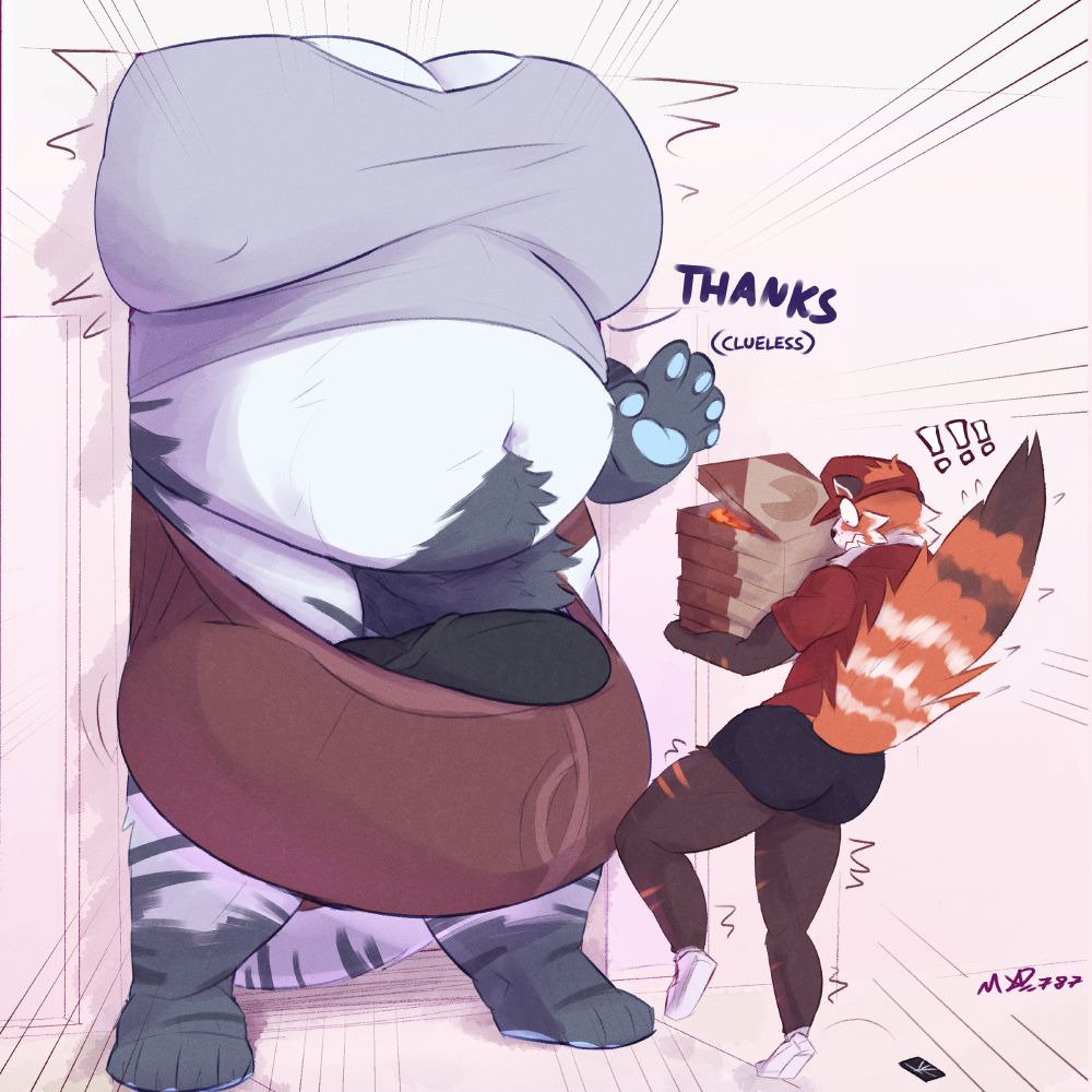 'THANKS'. Huge cat only visible from the chest down barely squeezes through the door in his stretched-out underwear, making the deliveryboy recoil back