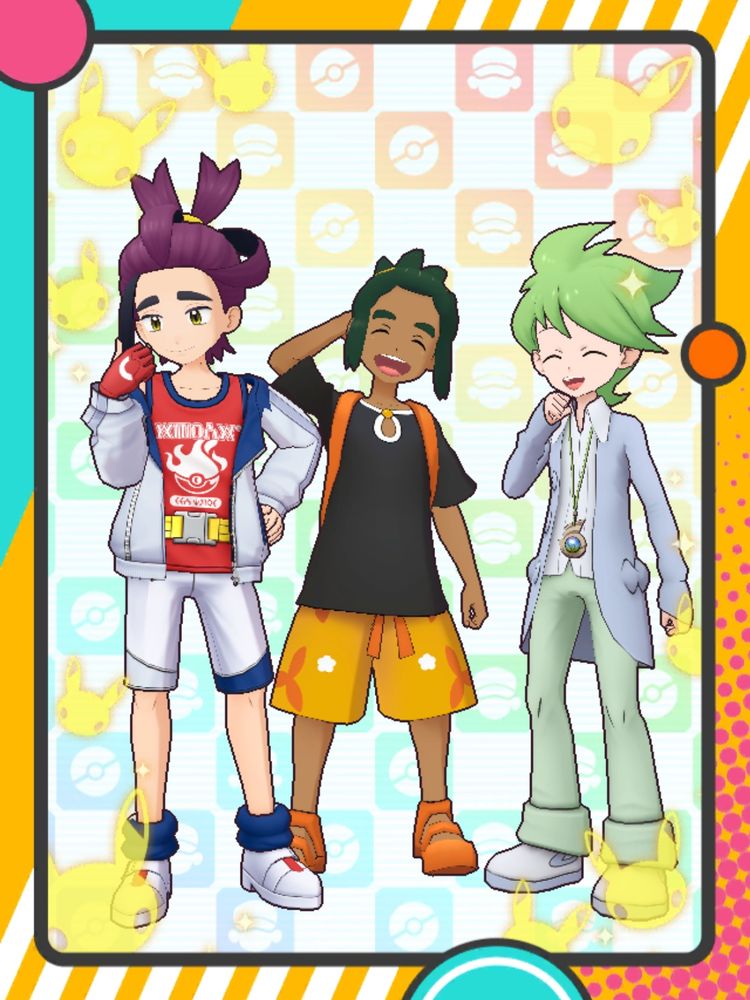 A Pokémon Masters EX screenshot showing Kieran, Hau and Wally all in signature poses and smiling in the photo creator 