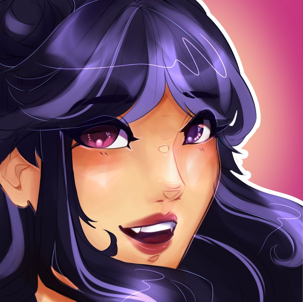 Close up headshot of VTuber Nova Eos. She has dark blue and purple hair and pink and purple eyes. She is smiling. There is a pink background.