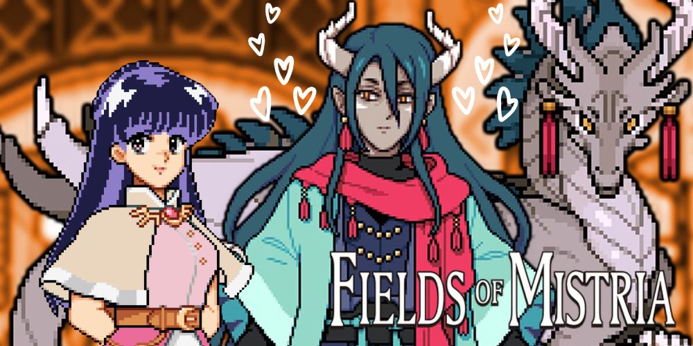 Image depicts Caldarus's human form from Fields of Mistria and a recolored Celine image. The Celine recolor stands at the front left of the image. Her hair is dark blue with purple highlights. Her skirt is dark pink. Her blouse is baby pink, and her shawl is beige. She resembles VTuber Nova Eos. Caldarus's human form stands next to her and is wearing a dark gray, almost black outfit with a pale, seafoam green jacket and red scarf. His skin is an ashen brown, and he has dark green hair with horns peaking out from either side. Five white hearts have been edited onto the image to frame either side of his head. Behind him and to the right stands his dragon form. The logo of Fields of Mistria has been edited in to sit at the bottom right of the image. 