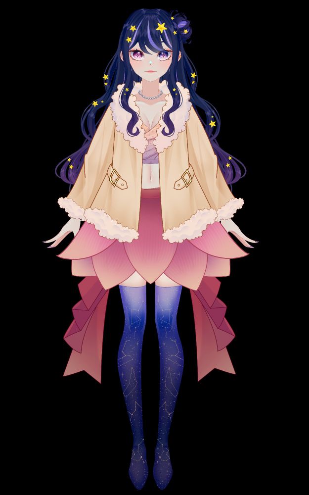 A PNG of VTuber Nova Eos's Live2D model art. Nova Eos has dark blue, waist-length hair, which fades into a violet color at the very end. There are lavender highlights and streaks through out but most notably in her bangs, the bun on the right side of her head, and on other side of her shoulders. She is wearing a pink, off-the shoulder blouse that stops right about her navel. There is a faint star and petal print on the top. Over her blouse, she is wearing a tan and cream moto-esque teddy jacket. Nova is wearing a pink skirt that resembles a cherry blossom. The top of the skirt is a dark pink-red color that fades into a lighter pink as it goes down towards the hem. There is a ribbon tied into a bow at the top of the skirt with two tails that flow down and can be seen on either side of her. Nova is wearing thigh-high dark blue boots, resembling the night sky. The boots are a very faint periwinkle color at the top and deepen into a very dark, navy blue at their toes. There are 5 constellations printed on the boots: Scorpio, Taurus, Aries, Virgo, & Leo. These represent the 5 members of ASTRALYFE.