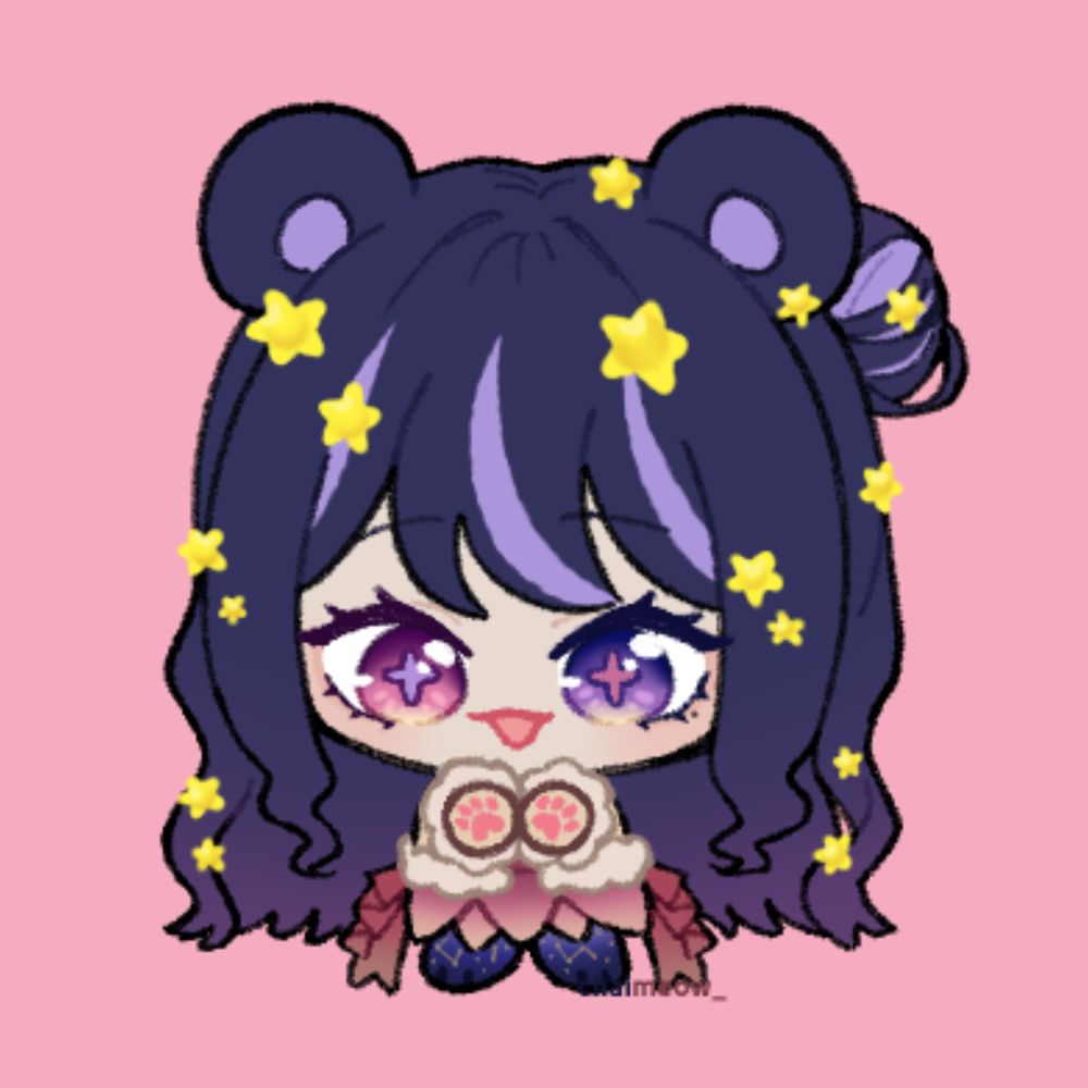 Chibi art of VTuber Nova Eos against a pink background. She is wearing her usual outfit with her hair in its usual style. Panda bear ears have been added to the top of her head, and her hands, showcasing pink toe bean paw pads, are facing the viewer in an attempt to mimic a heart hand pose. 