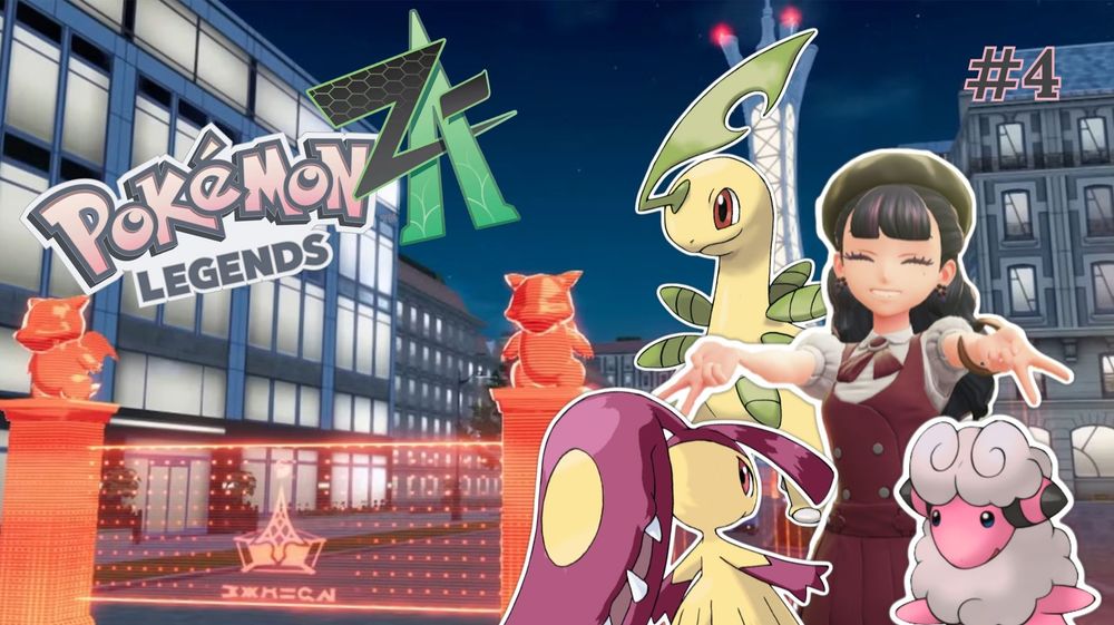 Graphic for VTuber Nova Eos's 4th Pokemon Legends: Z-A stream. The background is Lumiose City at night when the Battle Zones open with the red gate opens. The game's logo sits to the top left hand corner. In the top right corner, the "#4" sits in dark gray font with a light pink border. Below this number, Nova's in-game character is situated smiling with her eyes closed and holding out double peace signs. She is surrounded by three Pokemon. Going in a clockwise motion from the top, the Pokemon are Bayleef, Shiny Flaaffy, and Shiny Mawile. The three Pokemon and Nova have white outlines.