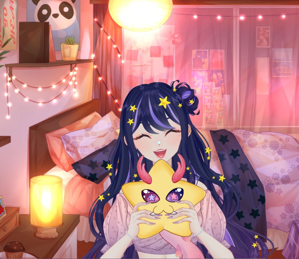 A bust up shot of VTuber Nova Eos standing in her bedroom holding her fan mascot Starbits. The background is a softly lit bedroom. There is a bed with coral and purple pillows and a purple quilt. There are lights strung up in the background and a round light fixture above her in the center. Nova is wearing her typical outfit without her teddy jacket and smiling with her eyes closed. Starbits are shaped like golden yellow stars with rosy pink horns appearing at the top of their head. They have one pink and one purple eye to match Nova's, and their pupils are shaped like stars. Their mouth is rounded like a sideways "3" pointing up, and two little sharp teeth peek out from it. Coming out from behind the Starbit is a long pink tail. It starts out as a light, baby pink at the base, near the back of the Starbit, and a gradient changes it into a darker pink matching its horns. To match the ribbons on the skirt of Nova, there are petals dotting down its tail. At the end of its tail, there are dark blue balls that make chiming sounds as it moves, mimicking the furin earrings Nova wears. The dark blue color matches Nova's hair.