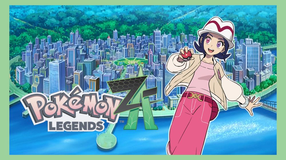 Picture depicts an aerial view of Lumiose City from the new Pokemon Legends: Z-A video game. The logo of the game has been edited into the lower lefthand corner, and a recolored PNG of the playable female main protagonist sits next to it on the right. The recoloring is reminiscent of VTuber Nova Eos's outfit color scheme with the hair and eyes also matching Nova. The entire image has a light green border around it.  