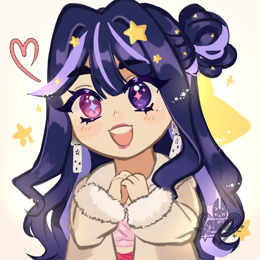 Chibi portrait of VTuber Nova Eos. There is a cream background littered with stars and a pink deco heart. Her hands are in the shape of a heart, and she is smiling.