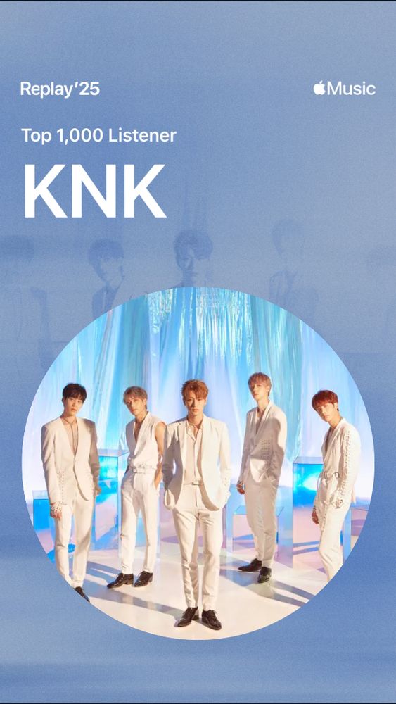 VTuber Nova Eos's Apple Music Replay for the year 2025, highlighting Nova's achievement as being in the Top 1,000 Listener for the K-Pop group KNK.