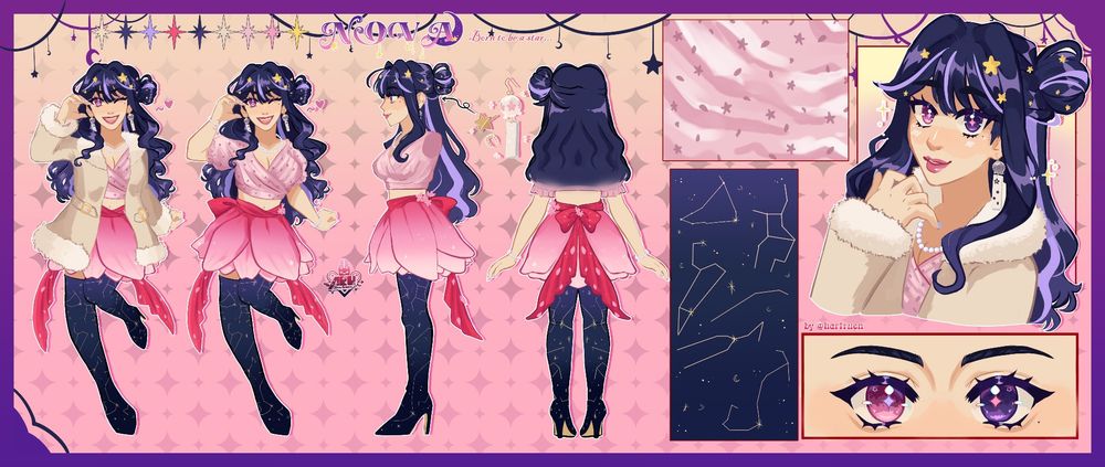 A reference sheet for VTuber Nova Eos's design. There are two forward-facing, full-body shots of Nova, a left-facing side-body shot, and a back, full-body shot of Nova. These shots will flow left to right.

Nova Eos has dark blue, waist-length hair. There are lavender highlights and streaks through out but most notably in her bangs and on other side of her shoulders. She is wearing a pink, off-the shoulder blouse that stops right about her navel. There is a faint star and petal print on the top. Over her blouse, she is wearing a tan and cream moto-esque teddy jacket. Nova is wearing a pink skirt that resembles a cherry blossom. The top of the skirt is a dark pink-red color that fades into a lighter pink as it goes down towards the hem. There is a ribbon tied into a bow at the top of the skirt with two tails that flow down. On the bustle of her right hip, you can see a cluster of cherry blossoms, and petals flow down the ribbon as well. Nova is wearing thigh-high dark blue boots, resembling the night sky. There are 5 constellations printed on the boots: Scorpio, Taurus, Aries, Virgo, & Leo. These represent the 5 members of ASTRALYFE. Nova is posed with her right leg up and her left hand forming a half-heart on her cheek.

Shot 2 is depicting the same outfit minus the jacket. 

Shot 3 depicts the side-view of Nova. Here you can see her earrings and accessories in greater detail. She has a diamond earcuff, a star-shaped Helix piercing, and a furin/windchime dangle earing. 

Shot 4 depicts the same outfit but focuses on the back of the design, showcasing the skirt's ribbon and heels of the boots.

Beside the body shots of Nova to the right, the artist has provided the blouse and boot patterns on the sheet. To the right of the patterns at the top is a close-up shot of Nova. Below the close-up shot is a feature of Nova's eyes for the detailing. Her left eye is pink, and her right eye is purple. Her pupils are diamond-star shaped, and cherry blossom reflects can be seen.