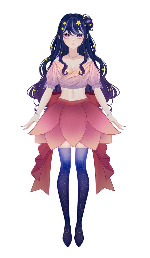 VTuber Nova Eos. Nova Eos has dark blue, waist-length hair, which fades into a violet color at the very end. There are lavender highlights and streaks through out but most notably in her bangs, the bun on the right side of her head, and on other side of her shoulders. She is wearing a pink, off-the shoulder blouse that stops right about her navel. There is a faint star and petal print on the top. Nova is wearing a pink skirt that resembles a cherry blossom. The top of the skirt is a dark pink-red color that fades into a lighter pink as it goes down towards the hem. There is a ribbon tied into a bow at the top of the skirt with two tails that flow down and can be seen on either side of her. Nova is wearing thigh-high dark blue boots, resembling the night sky. The boots are a very faint periwinkle color at the top and deepen into a very dark, navy blue at their toes. There are 5 constellations printed on the boots: Scorpio, Taurus, Aries, Virgo, & Leo. These represent the 5 members of ASTRALYFE.