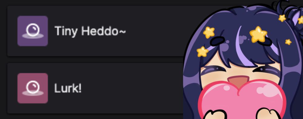 A screenshot from the sound alerts settings in VTuber Nova Eos's Twitch creator dashboard features two new redeems. The first redeem is "Tiny Heddo~", and the second redeem is "Lurk!". A chibi image of Nova holding a pink heart and smiling is sitting to the right side of the image.