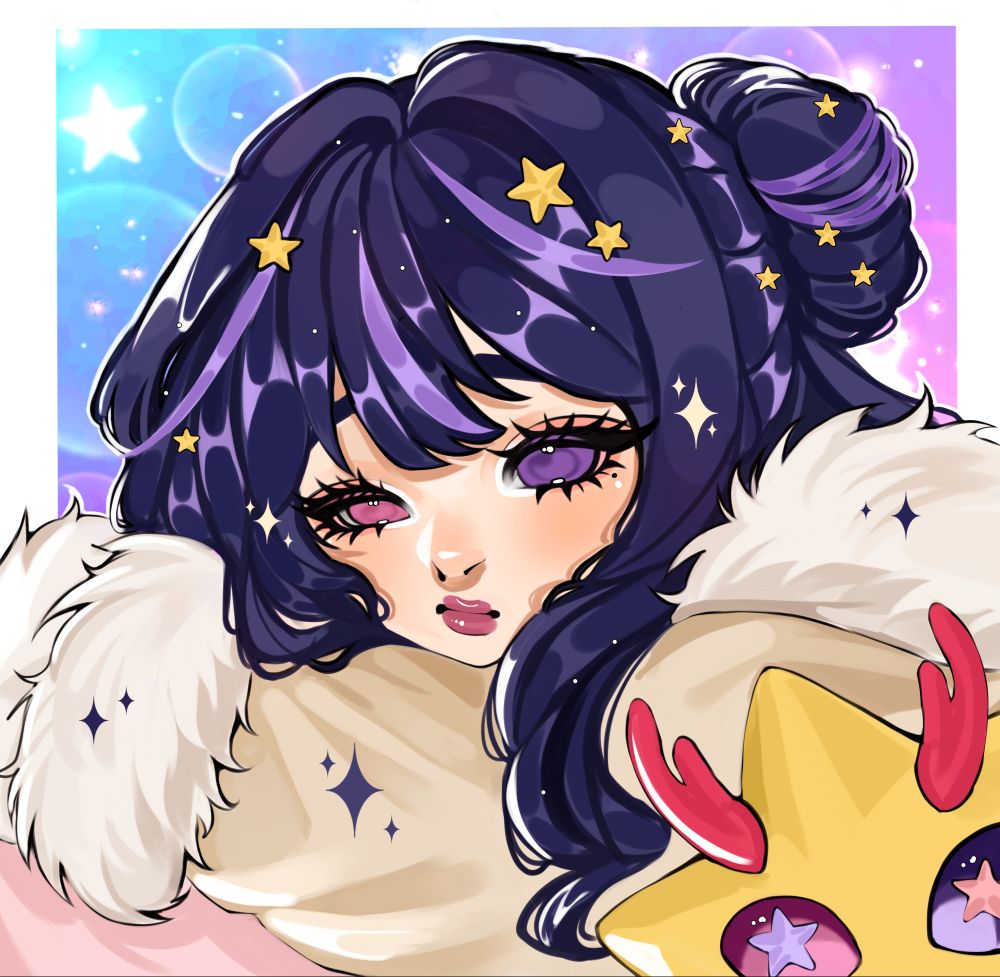 Icon art piece of VTuber Nova Eos. She is leaning on folded hands on a pink blanket and is wearing a sleepy expression on her face. Her fan mascot Starbits can be seen to the bottom right-hand corner. The background is a blue to purple ombre going from left to right with stars and sparkles sprinkled throughout.