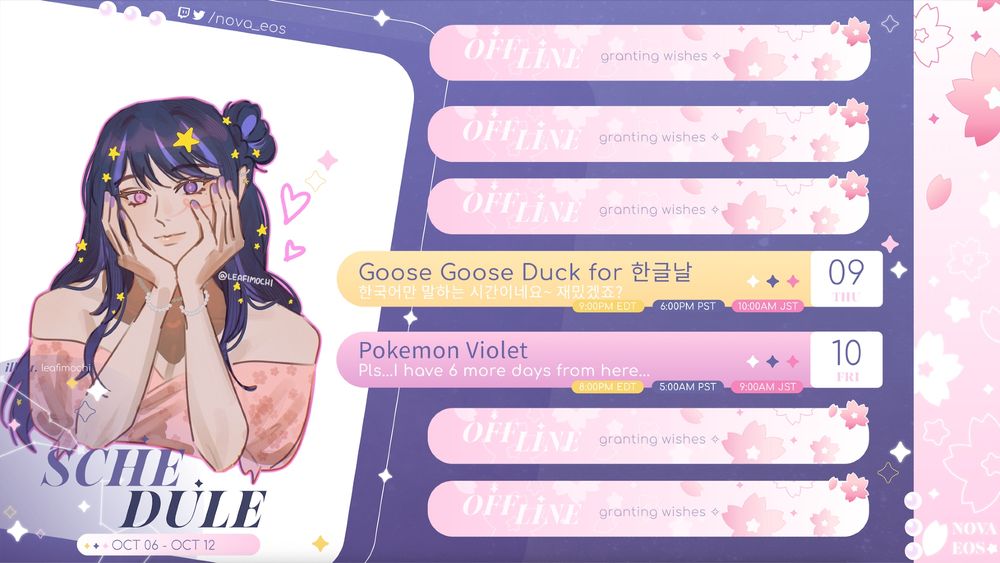 VTuber Nova Eos's schedule for the week of October 6th through October 12th. There is bust-up art of Nova to the left of the schedule bars. The streams scheduled are as follows:

Thursday, October 9th: Goose Goose Duck Collab for Hangul Day at 9PM EDT
Friday, October 10th: Pokemon Violet at 8PM EDT