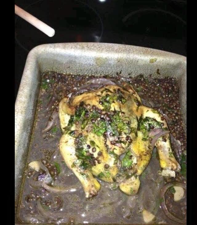 A nasty looking chicken, draped in basil, capers and despair with a tangy onion and motor oil sauce. Happy Thanksgiving.