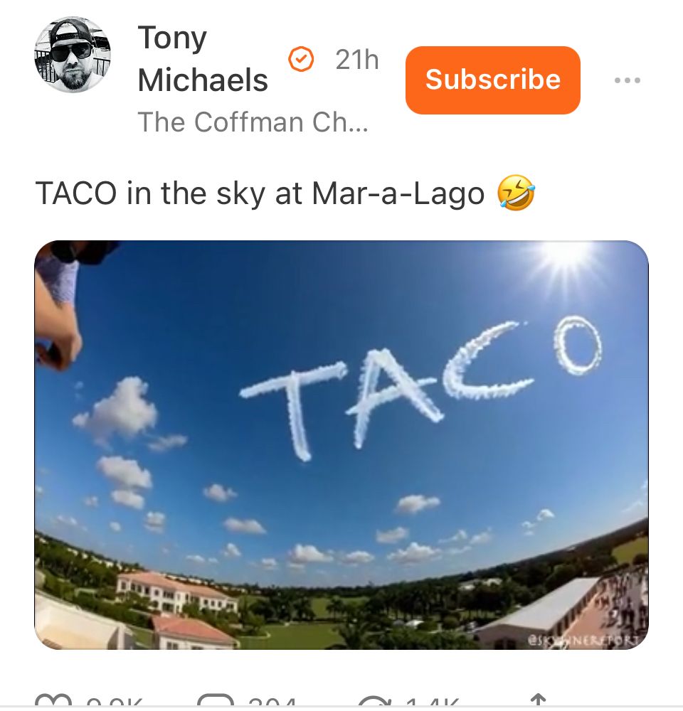 Photo of the word “TACO” in skywriting over Mar-A-Lago