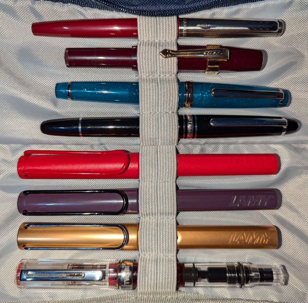 8 fountain pens strapped into a pen case. Parker Jotter, Kaweco Classic Sport, Jinhao 82, Montblanc Meisterstuck, Lamy Safari (Strawberry), Lamy Safari (Violet Blackberry), Lamy AL-star (Bronze), TWSBI Eco.