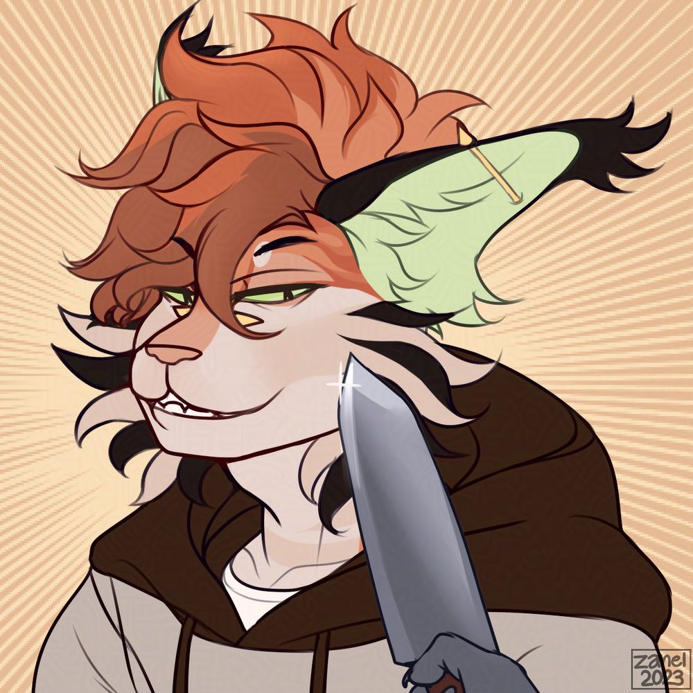 Drawing of an orange anthropomorphic cat, depicted in the "Knife Cat" meme: making a smug face with a knife pointed at his face.