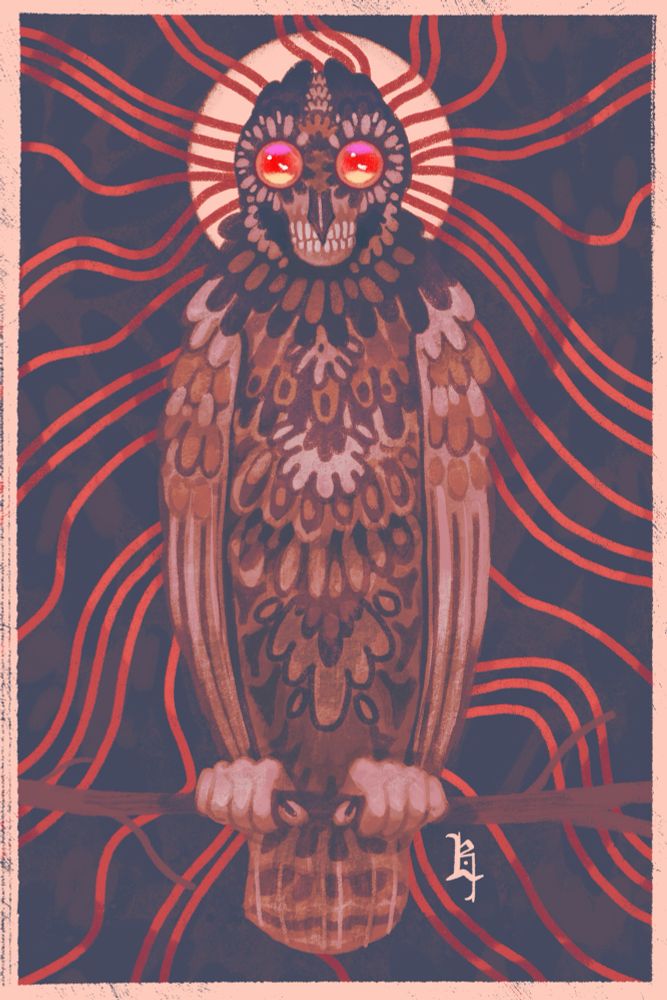 Digital painting of a stylized Stygian owl, perched on a branch, with humanoid features and hands for feet; the background is dark with red lines snaking out from behind the owls head