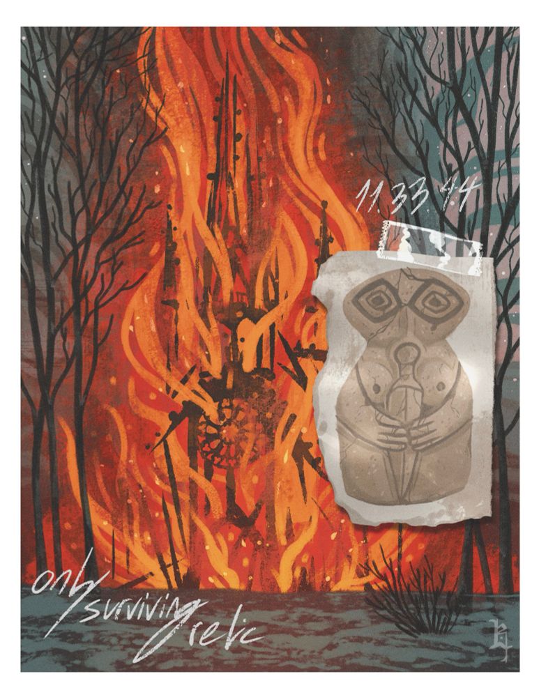 Digital painting of a small gothic style medieval church almost totally collapsed in a blazing inferno. The backdrop is serene, maybe very early morning, wintery, and cold. An image like a torn scrap of paper with the illustration of a god idol holding a sword is ‘taped’ on top of the image. White ‘handwriting’ reads: only surviving relic / 11.22.44