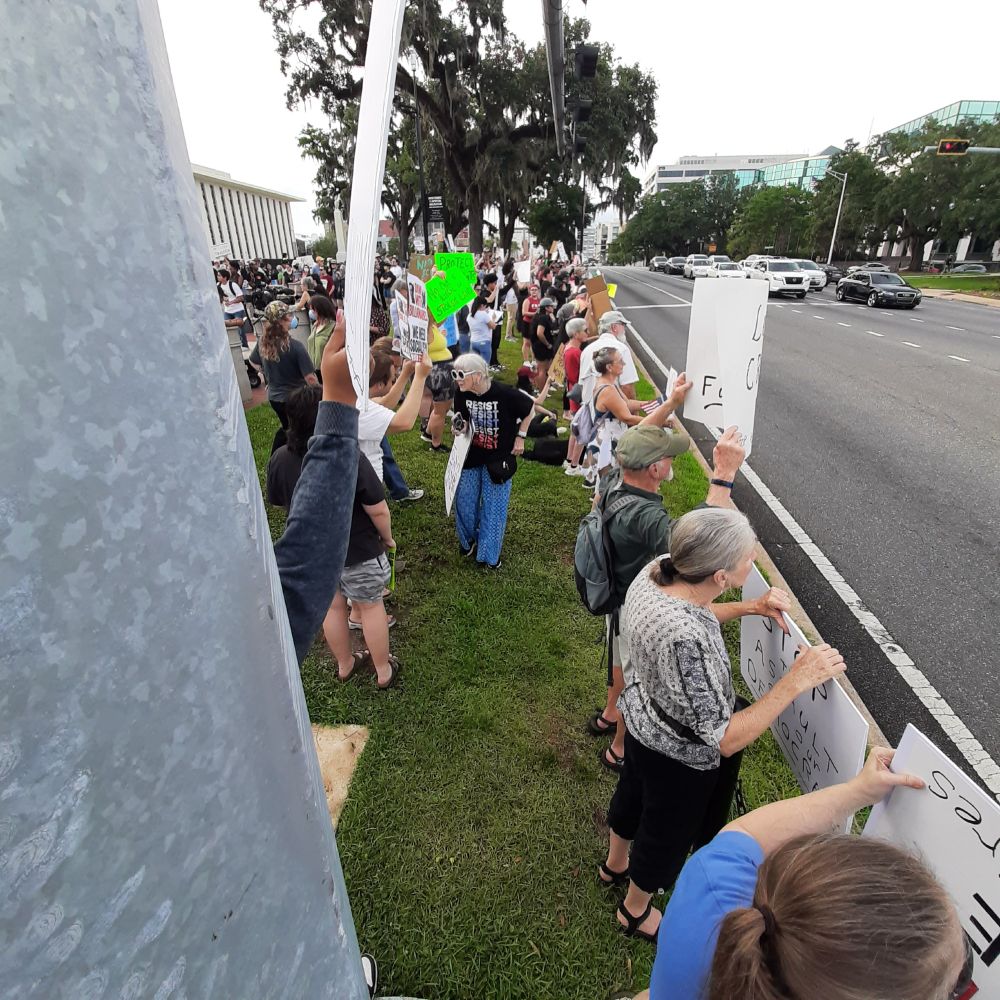 A large group of people gathered at the Florida capital to protest ice detention of over 100 local worker