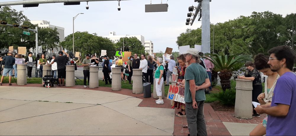 A large group of people gathered in front of the ballast trades of the Florida capitol to protest to the ice detainment of a 130 people from Tallahassee earlier in the wee