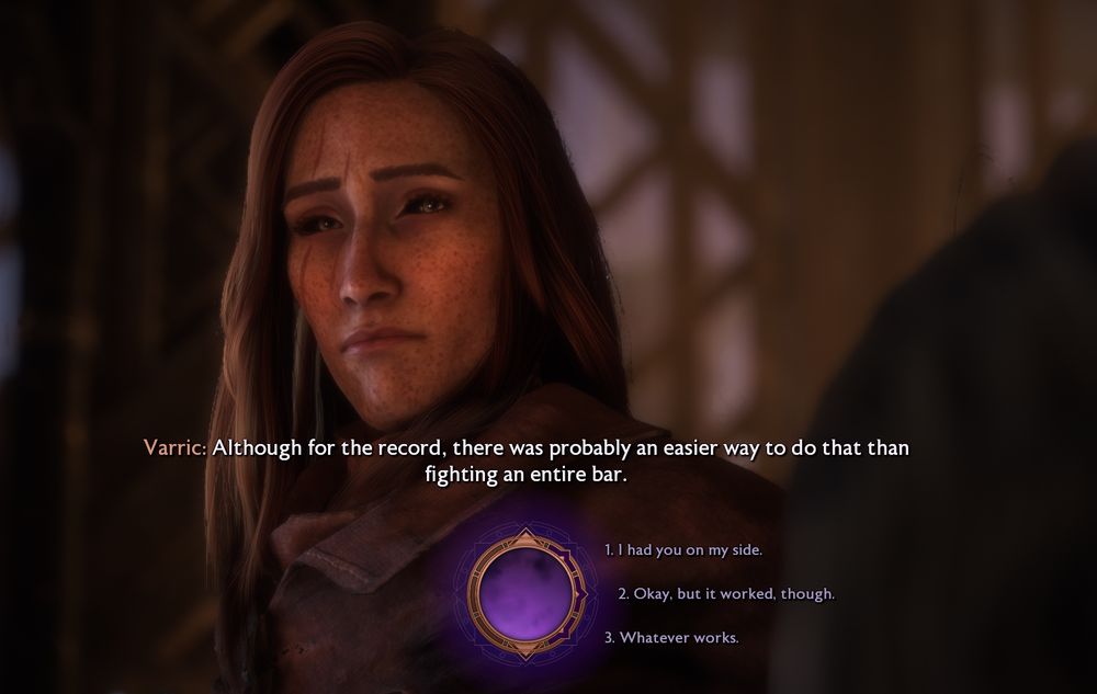 An image of OP's Rook, Aisling, in he opening cutscene of Veilguard. It is when Varric reprimands Rook for fighting the Venatori; She has a long, freckled face that's pulled into a puzzled visage. Her eyes have black sclera, rings of white making up the iris. A claw scar is scratched over her right eye. She has long, ginger hair. I chose the cheeky response to Varric, by the way. :)