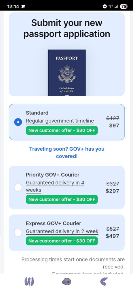 A screenshot showing a passport renewal screen. 