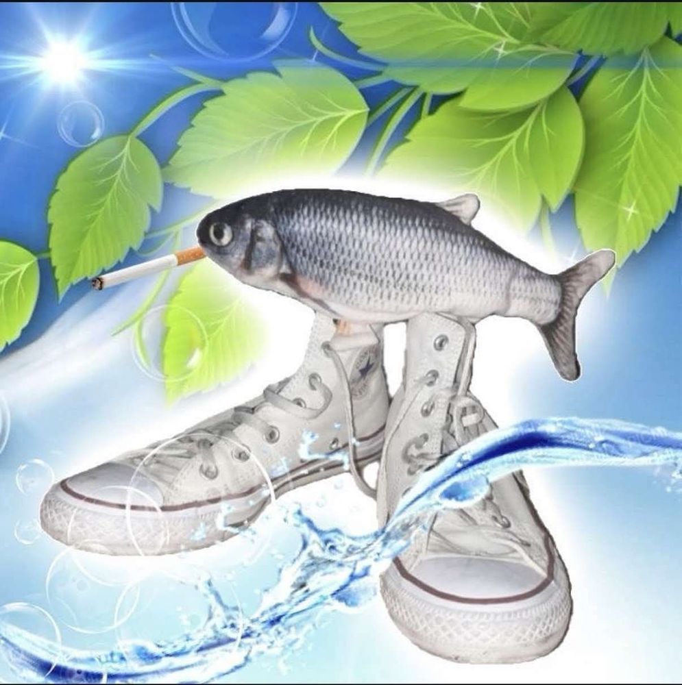 A fish smoking and wearing boots