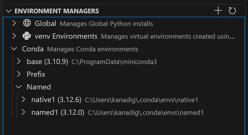 Screenshot of the Environment Managers view of the Python Environments extension, showing the Conda environments grouped by Prefix and Named environment groups.