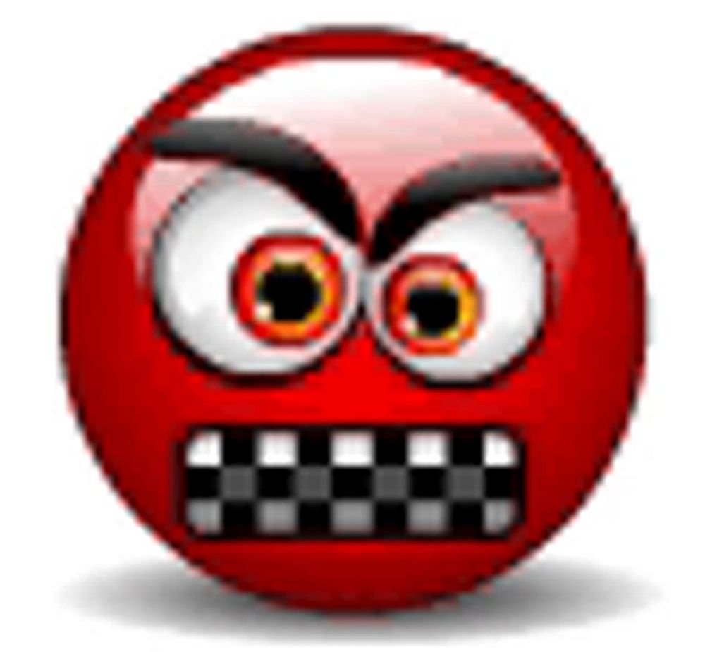 a red smiley face with big eyes and a checkered mouth is angry .