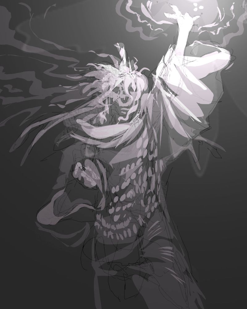 Black and white half body drawing of Facile. 

Facile is a reanimated air genasi with long “Y” shaped ears and a vaguely skeletal face that is left unrendered by the sketchy style of the drawing. One hand is lifted high above him with the palm facing the sky while the other is held close to his chest. The lifted hand is charging a glowing spell; light from the spell casts very dramatic highlights on Facile’s figure. He is wearing undefined loose “wizard” clothing with a chainmail chest piece on top. 