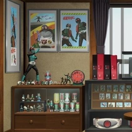 a close up of the previous screenshot from "Tojima Wants to be a Kamen Rider" showing Tojima's room highlighting pieces of Kamen Rider 1 and 2 ephemera