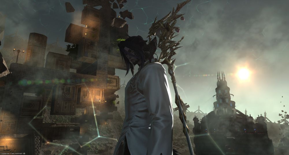 Gwydion, an au ri character from FFXIV standing and turned to the left side of the photo, he's wearing a pearl white Ao Dai and on his back he has e white mage cane. he's looking down to the camera, his face hidden in the shadows, while he has behind him a surrealistic background, with a Garlean military base on his right and a deconstructed building on his left.