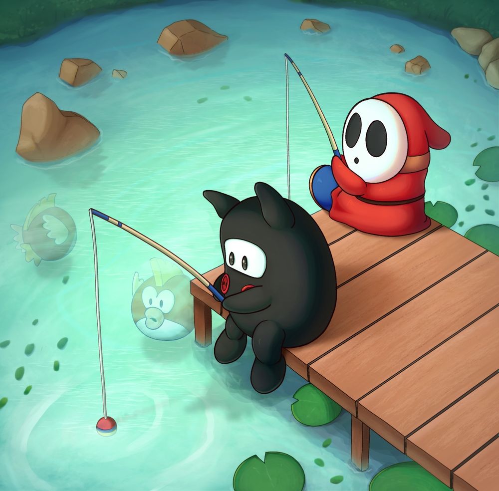 this image shows a Ninji and a Shy Guy from Super Mario Bros. fishing in a lake. A couple of Cheep Cheeps are swimming nearby