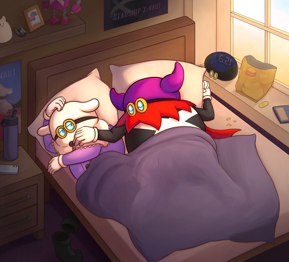 This image shows Lord Crump from Paper Mario: The Thousand-Year Door and an X-Naut OC (Cocoa) waking up during the early morning. Crump is sprawled across the bed in his day clothes while Cocoa is pushed up against the edge.