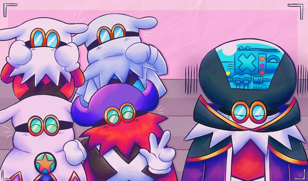This is a drawing of Lord Crump, an X-Naut OC (named Cocoa), a normal red-garbed X-Naut, an X-Naut PhD, and Sir Grodus from Paper Mario: The Thousand-Year Door being rounded up for a photo op. However, one of the photograph subjects appears a bit displeased...