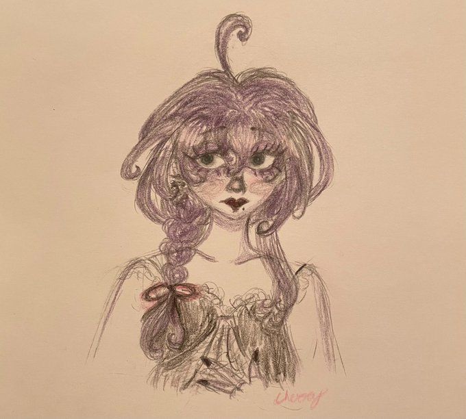 mayoi ayase with swirlier hair and a lacy spaghetti strap black dress and long purple eyelashes and red lips and pink cheeks 