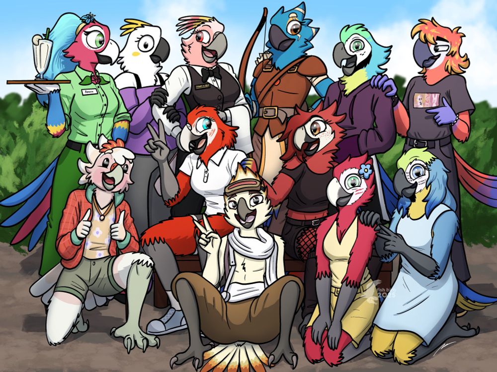 A group of 12 different macaw and cockatoo characters posing for a group photo.